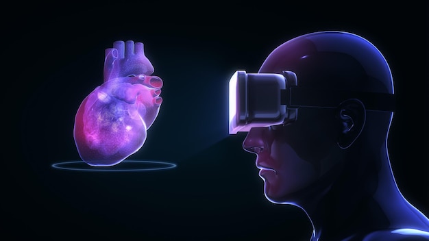 Mens die een virtual reality-bril draagt en naar het hologram van het menselijk hart kijkt.