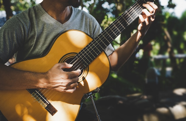 Mens die klassieke gitaar speelt bij park