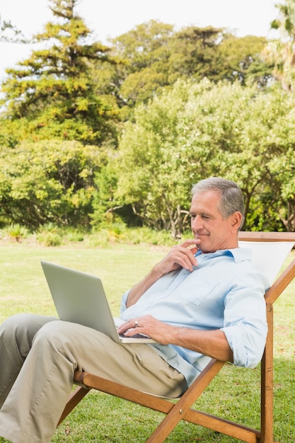 Mens die laptop op zonlanterfanter met behulp van