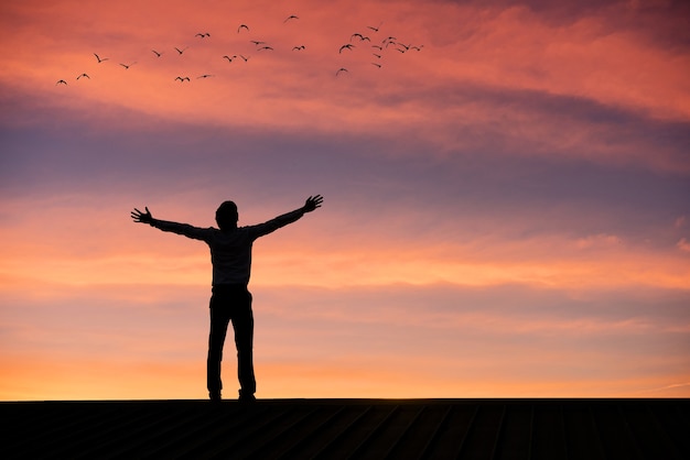 Mens die van aard op zonsondergangachtergrond genieten, vrijheidconcept