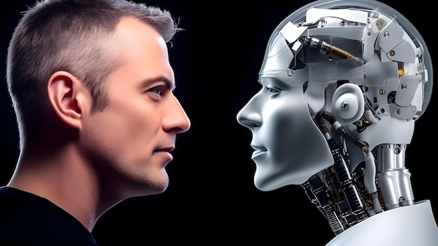 Mens en AI-robot kijken elkaar aan Concept van menselijke en robotoorlog in de toekomst