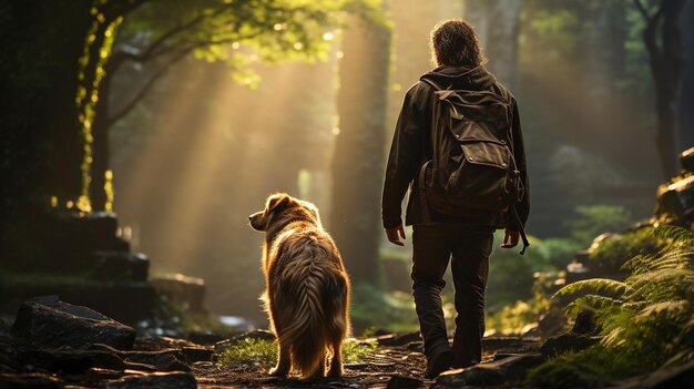 Mens en hond wandelen in het bos