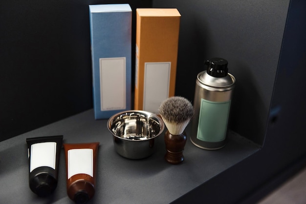 Mens Grooming Products Set on Dark Surface
