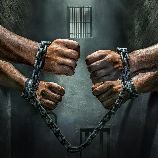 Mens hands are chained in thick steel shackles