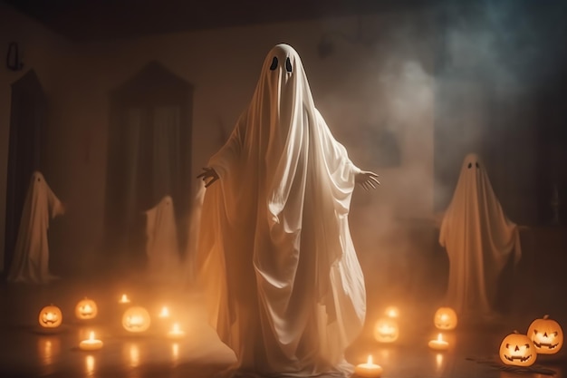 Mens in griezelig geestenkostuum die 's nachts in het oude huis of bos vliegen Halloween-concept