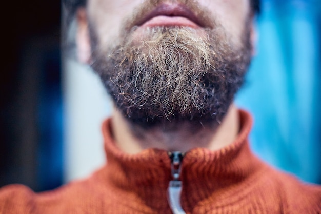mens short beard and lips close up