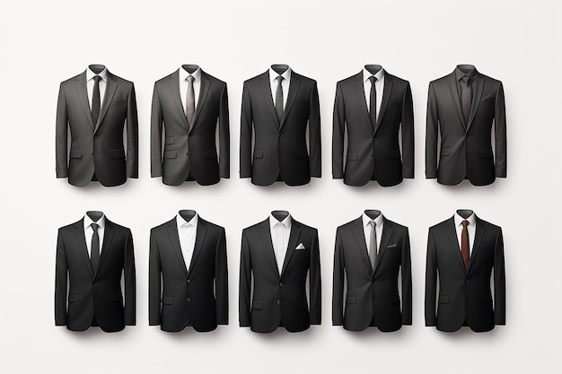 Mens suits in a row on a white background 3d