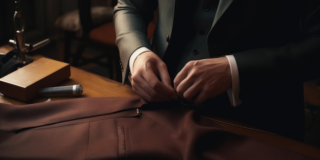 A mens tailor working on a suit or slacks