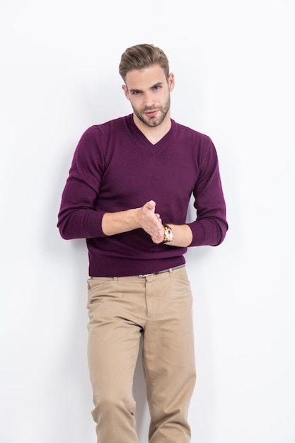 Мужская одежда Красивый мужчина носит пуловер с брюками Повседневная одежда Мужская мода Модная мужская одежда