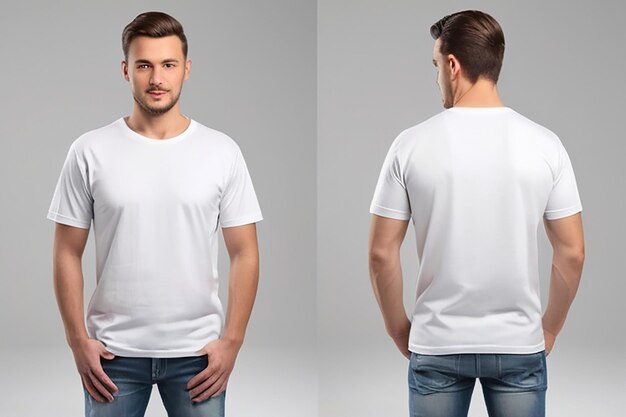 Mens white blank Tshirt templatefrom two sides natural shape on invisible mannequin for your design mockup for print isolated on white background