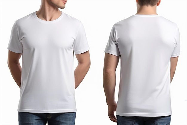 Mens white blank Tshirt templatefrom two sides natural shape on invisible mannequin for your design mockup for print isolated on white background