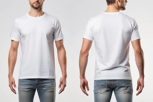 Mens white blank Tshirt templatefrom two sides natural shape on invisible mannequin for your design mockup for print isolated on white background