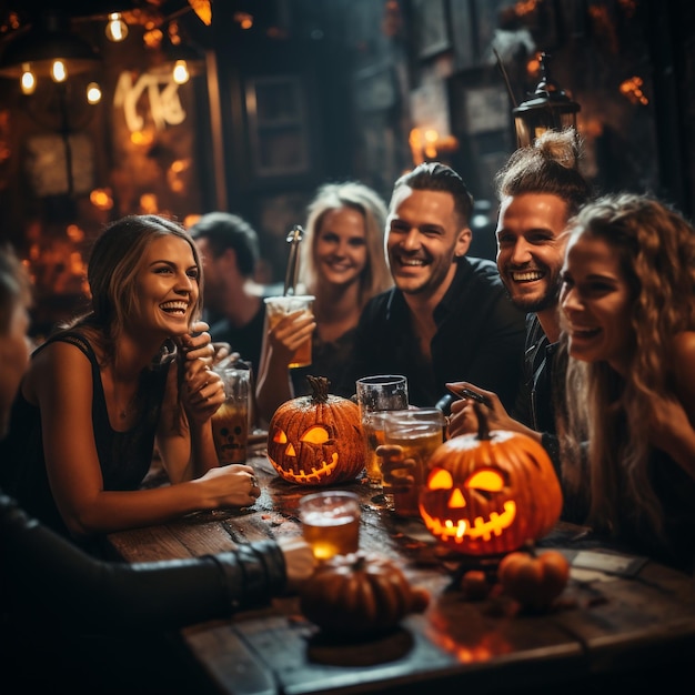 mens and womens at a halloween party in the style of bright and vivid colors joyful and optimistic