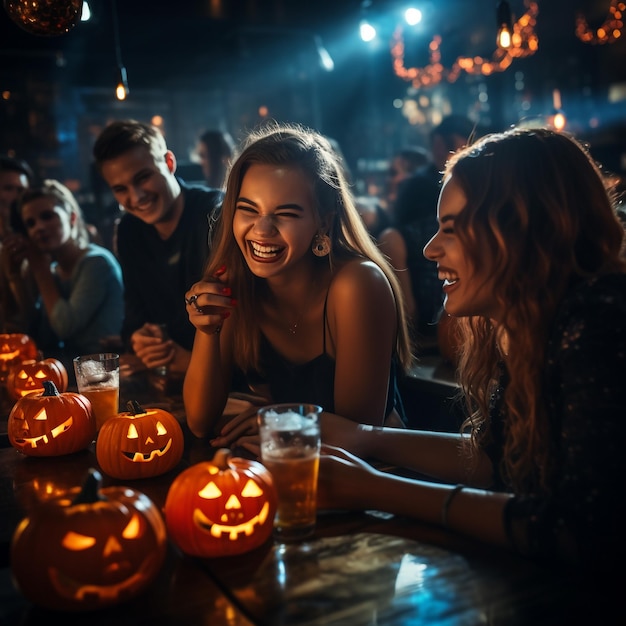 mens and womens at a halloween party in the style of bright and vivid colors joyful and optimistic