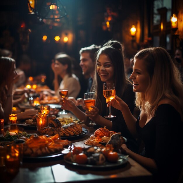 mens and womens at a halloween party in the style of bright and vivid colors joyful and optimistic