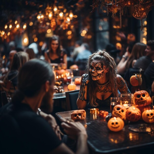 Photo mens and womens at a halloween party in the style of bright and vivid colors joyful and optimistic
