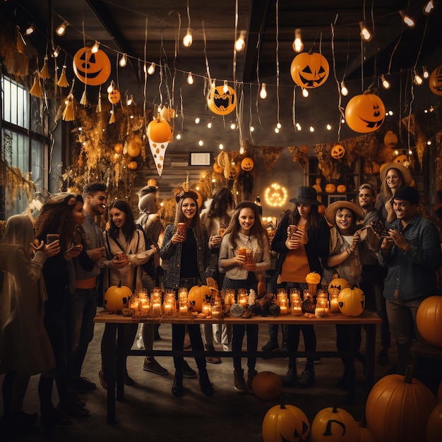 mens and womens at a halloween party in the style of bright and vivid colors joyful and optimistic