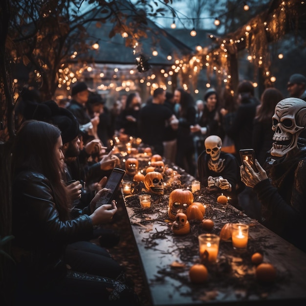 Photo mens and womens at a halloween party in the style of bright and vivid colors joyful and optimistic