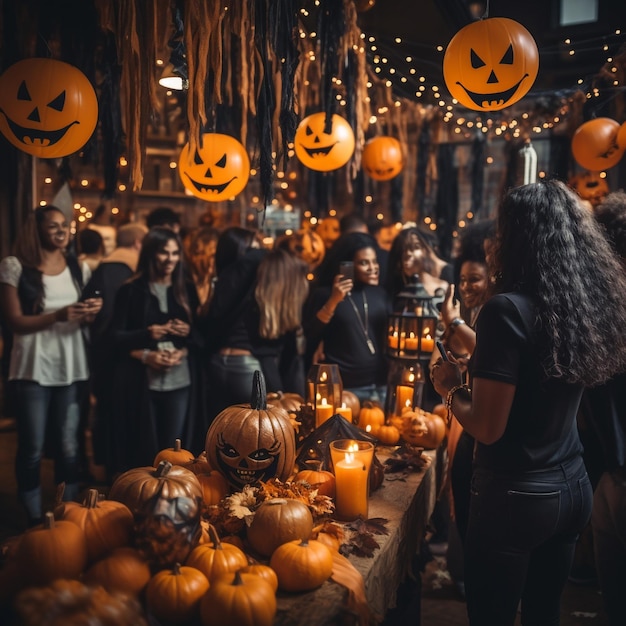 mens and womens at a halloween party in the style of bright and vivid colors joyful and optimistic