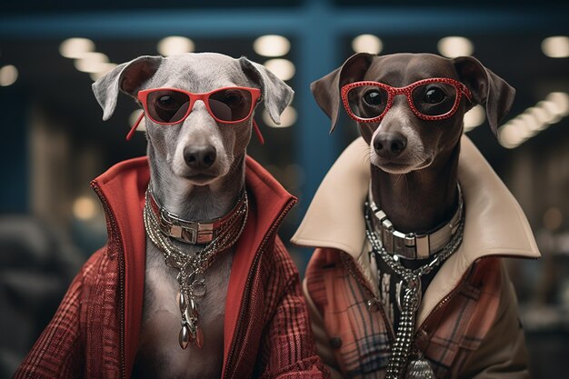 Mensachtige antropomorfe honden die kleding dragen met zakken die voor de feestdagen winkelen