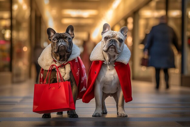 Foto mensachtige antropomorfe honden die kleren dragen met zakken die voor de feestdagen winkelen