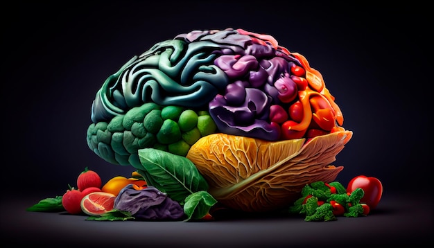 Menselijk brein gemaakt van verschillende kleurrijke groenten concept van vegetarische veganistische gezonde voeding Generatieve AI