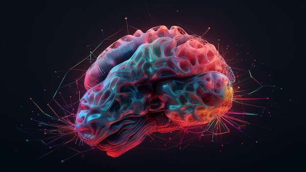 Menselijk brein met gloeiende blauwe en oranje hersenen op zwarte backgroundgenerative ai