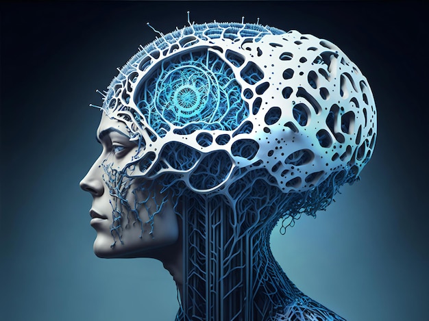 Menselijk brein met intelligente denkverwerking Cyber mind concept een neuraal netwerk van big data en kunstmatige intelligentie AI Generative