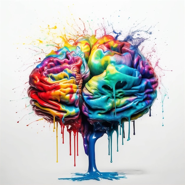 Menselijk brein met kleurrijke spatten geluk creativiteit geestelijke gezondheid concept ai gegenereerd