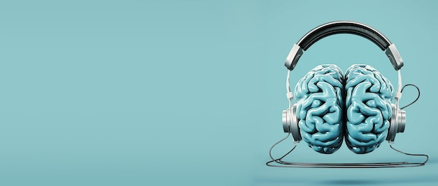 Menselijk brein met koptelefoon luisteren naar muziekonderwijs en social media concept intelligente geest