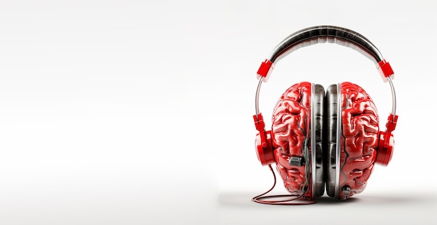 Menselijk brein met koptelefoon luisteren naar muziekonderwijs en social media concept intelligente geest