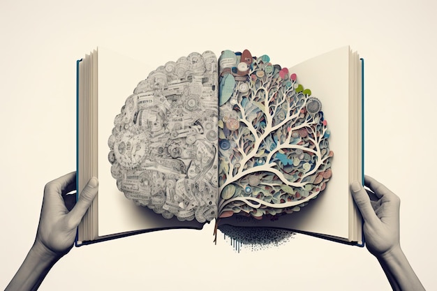 Menselijk brein op een boek en kleur achtergrond Minimaal abstract concept van schoolcultuur intelligentie lezen of onderwijs Lader voor brein idee Generatieve AI