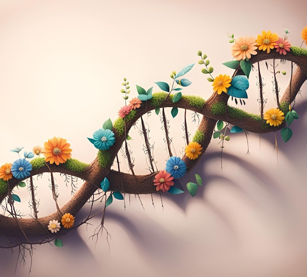 Foto menselijk dna gemaakt van bladeren en bloemen gentherapie genetische manipulatie concept art