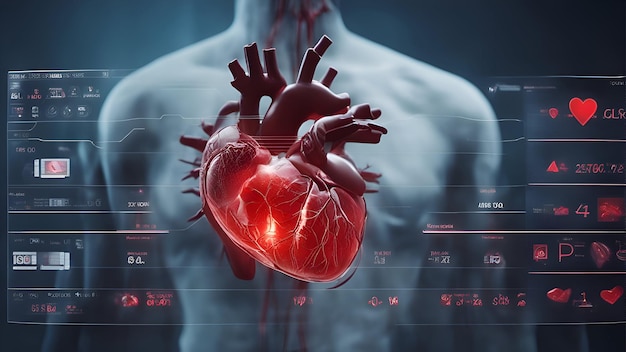 Foto menselijk hart met cardiogram en 3d-weergave van medische interface