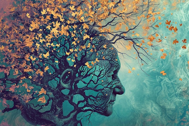 Menselijk hoofd in het herfstbos Bladval als illustratie van de ontwikkeling van de ziekte van Alzheimer