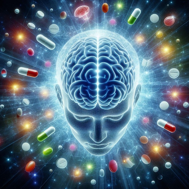 Menselijk hoofd met hersenen gemarkeerd in rode schedel doorzichtig waardoor het brein in al zijn details te zien is