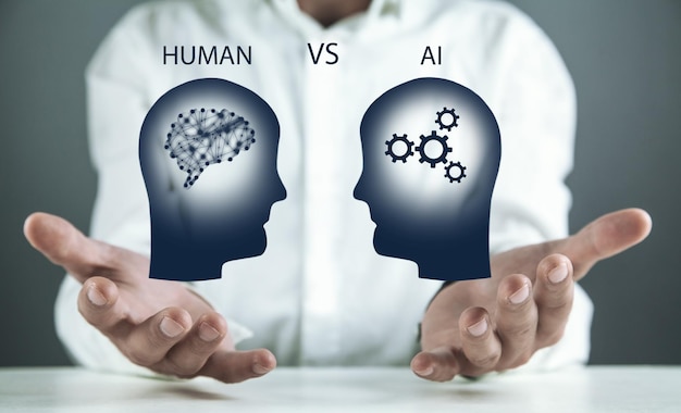 Menselijk hoofd VS Ai Menselijke intelligentie versus kunstmatige intelligentie