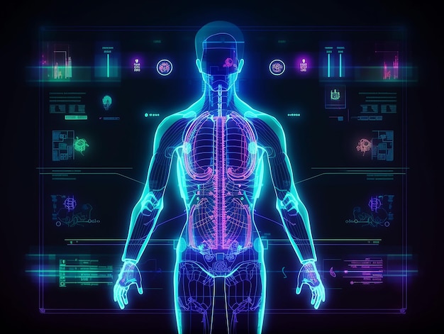 Menselijk lichaam Gezondheidszorg digitaal diagnosescherm Futuristisch Medische technologie Neonstijl illustratie Generatieve AI