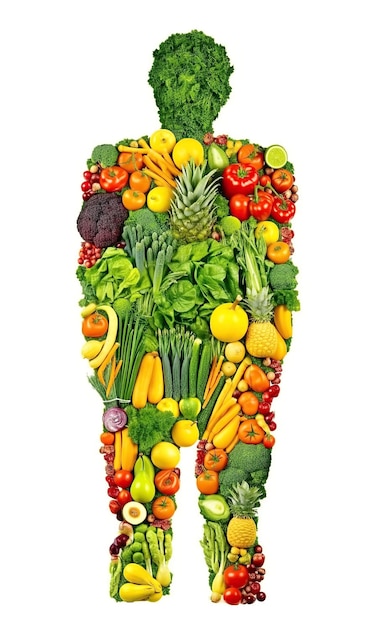 Menselijk lichaam van vegetarische groenten en fruit Concept van gezonde voeding voedsel en vegetarisme op witte achtergrond Generatieve AI illustratie