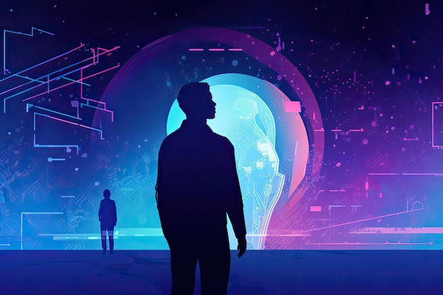 Menselijk silhouet op een techonologische achtergrond in blauwe en paarse kleuren