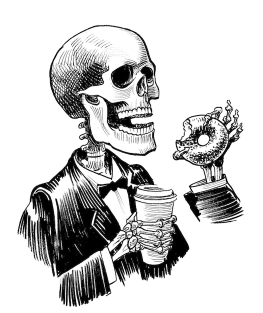 Menselijk skelet dat donuts eet en koffie drinkt Inkt zwarte en witte tekening