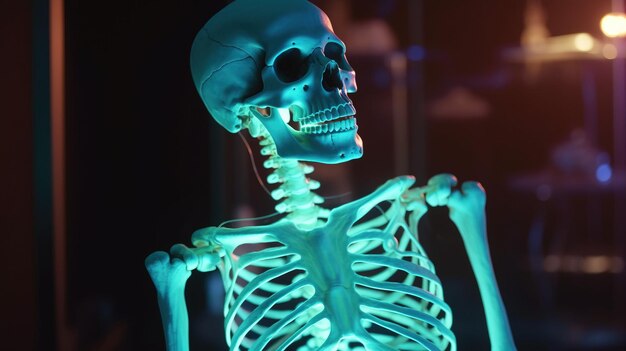 Menselijk skelet in neonlicht donkere achtergrond Wetenschappelijke lichaamsanatomie medische tentoonstelling AI gegenereerd