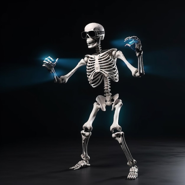 Menselijk skelet in virtual reality-bril dansen op een zwarte achtergrond