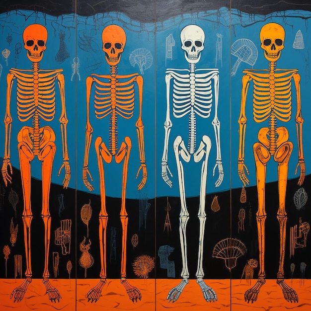 Foto menselijk skelet op de achtergrond van de oude kaartillustratie voor uw ontwerp