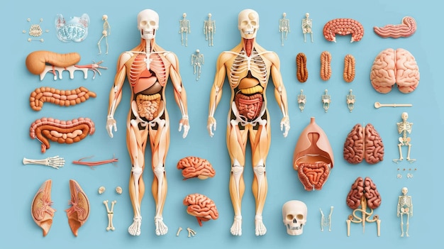 Menselijke anatomie set Binnenorganen huid botten en spieren Menselijke lichaamssystemen Geneeskunde en wetenschap infografieken Vlakke moderne illustratie