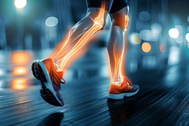 Menselijke benen met benadrukte botten en gewrichten botstructuur tijdens het rennen