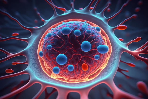 Menselijke cel embryonaal onder de microscoop Prachtige kleurrijke 3D-afbeelding Generatieve AI