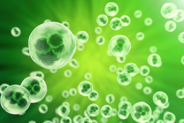 Menselijke cellen of dier op groene achtergrond. Leven en biologie, geneeskunde wetenschappelijk concept met focus effect. 3D-rendering
