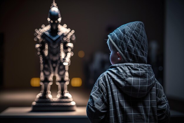 Menselijke en AI kleine jongen kijkend naar een cyborg ai-generatie