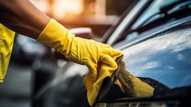 Menselijke hand die de auto schoonmaakt en wast